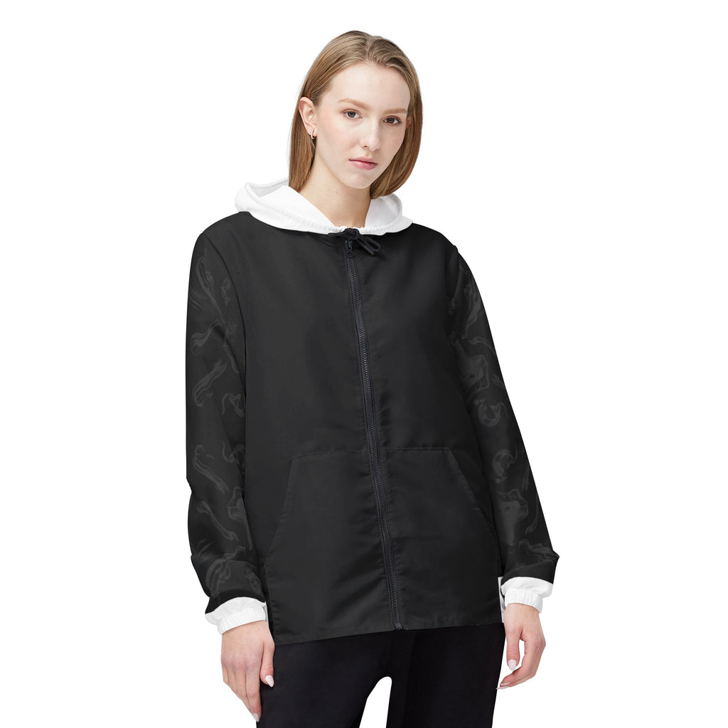 Black & White Minimalist Windbreaker Jacket — Subtle Smoke Sleeve Design