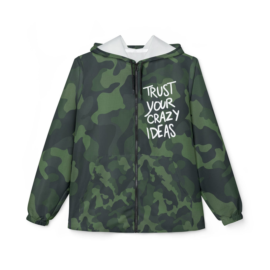 Camo Windbreaker Jacket — "Trust Your Crazy Ideas" Hooded Lightweight Jacket