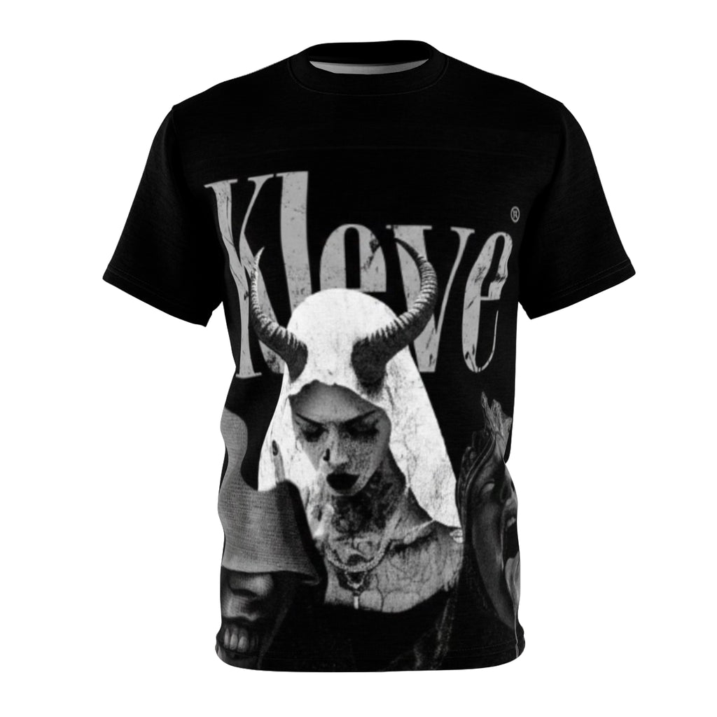 Graphic Tee — Black & White Gothic Collage with 'Klove' Text
