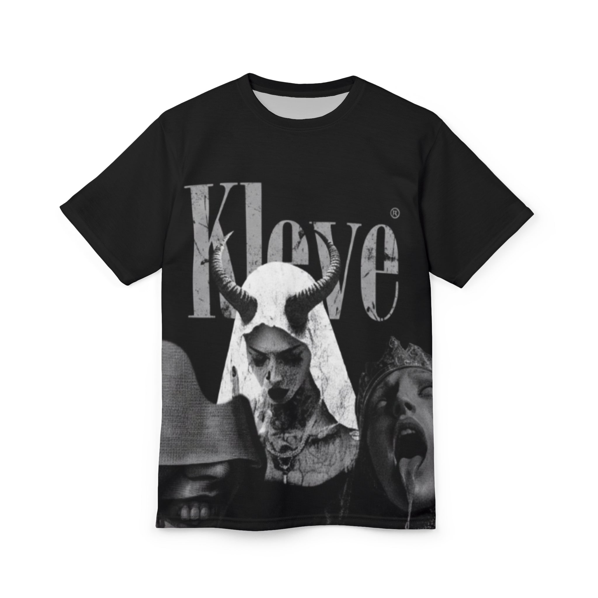 Graphic Tee — Black & White Gothic Collage with 'Klove' Text