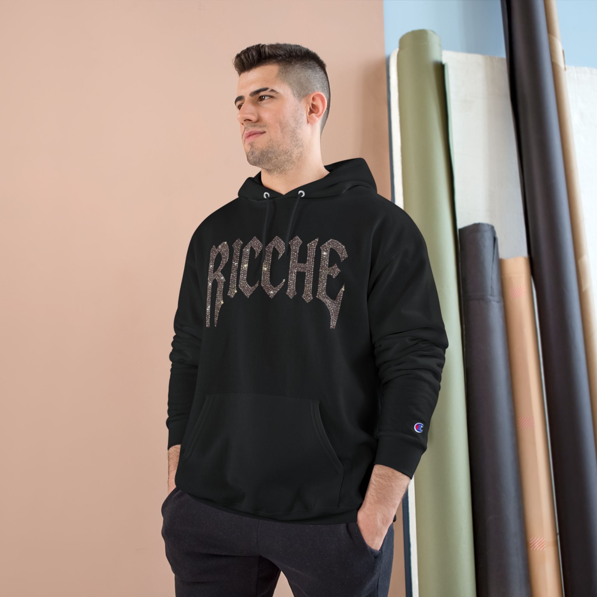 Ricche Gothic Hoodie — White Champion Logo Pullover