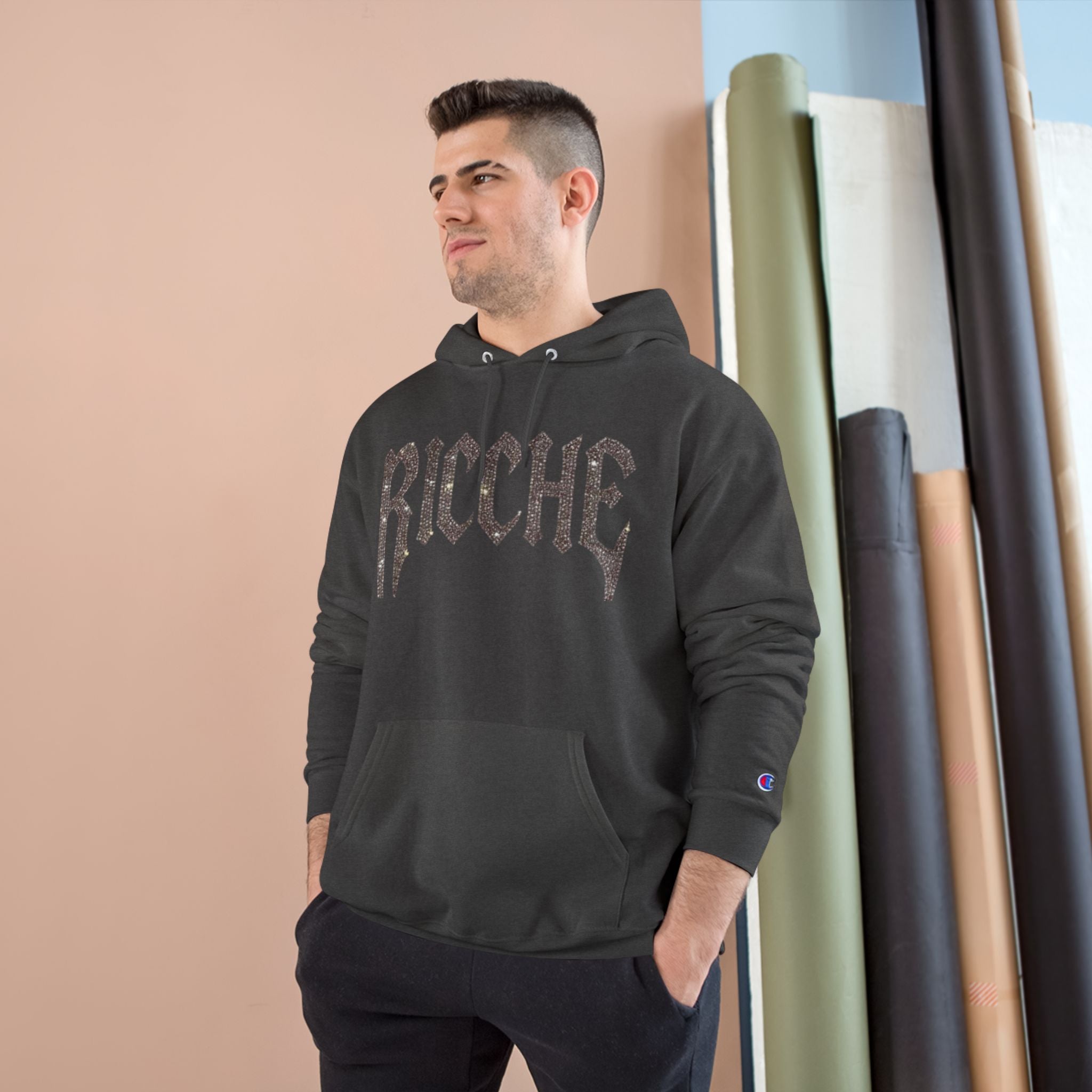 Ricche Gothic Hoodie — White Champion Logo Pullover