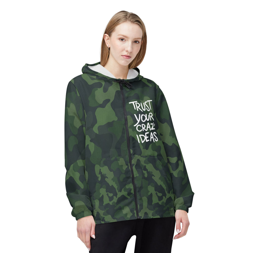 Camo Windbreaker Jacket — "Trust Your Crazy Ideas" Hooded Lightweight Jacket