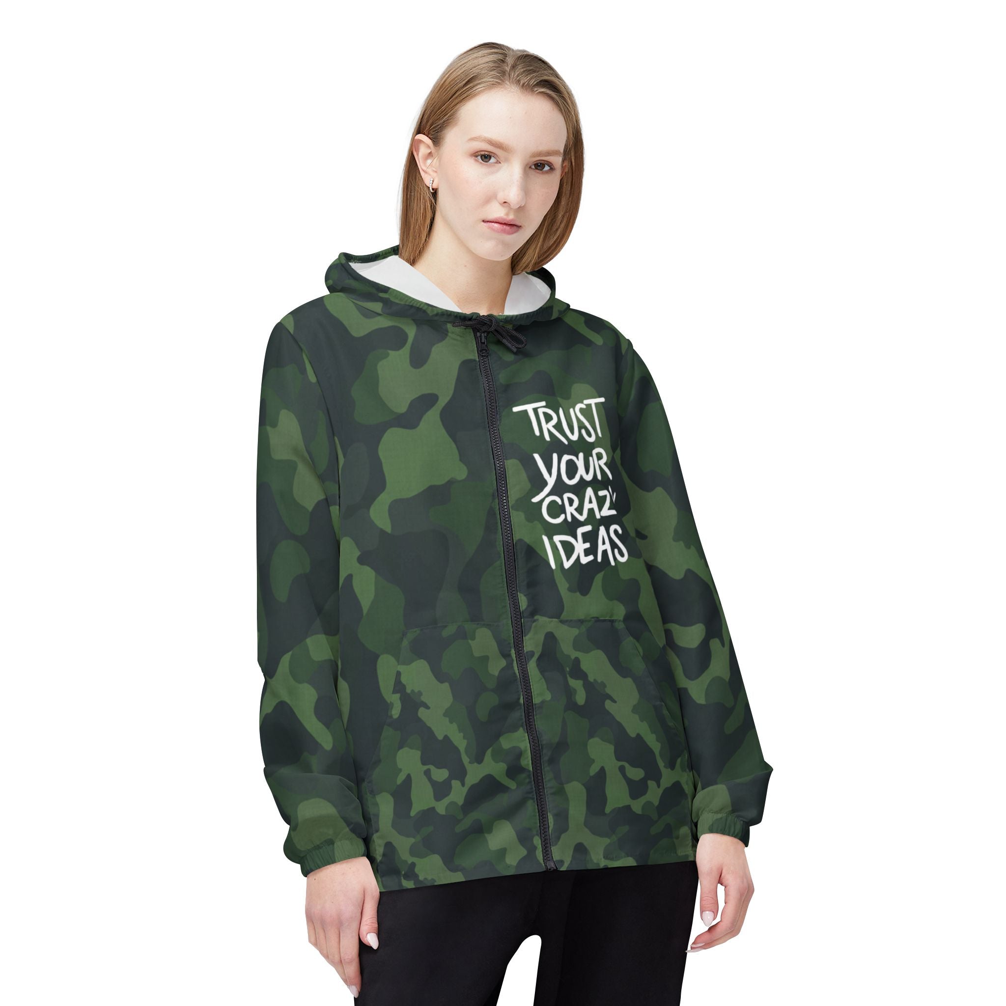 Camo Windbreaker Jacket — "Trust Your Crazy Ideas" Hooded Lightweight Jacket