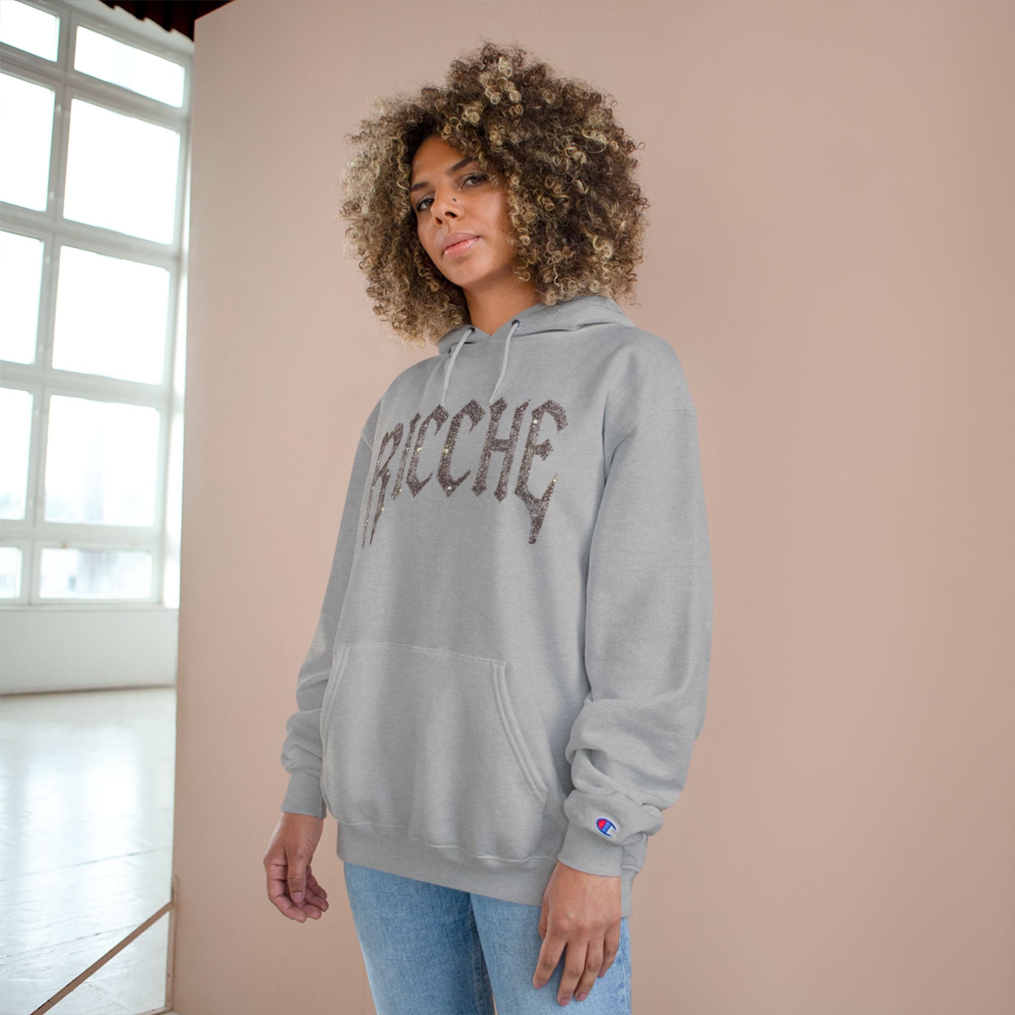 Ricche Gothic Hoodie — White Champion Logo Pullover