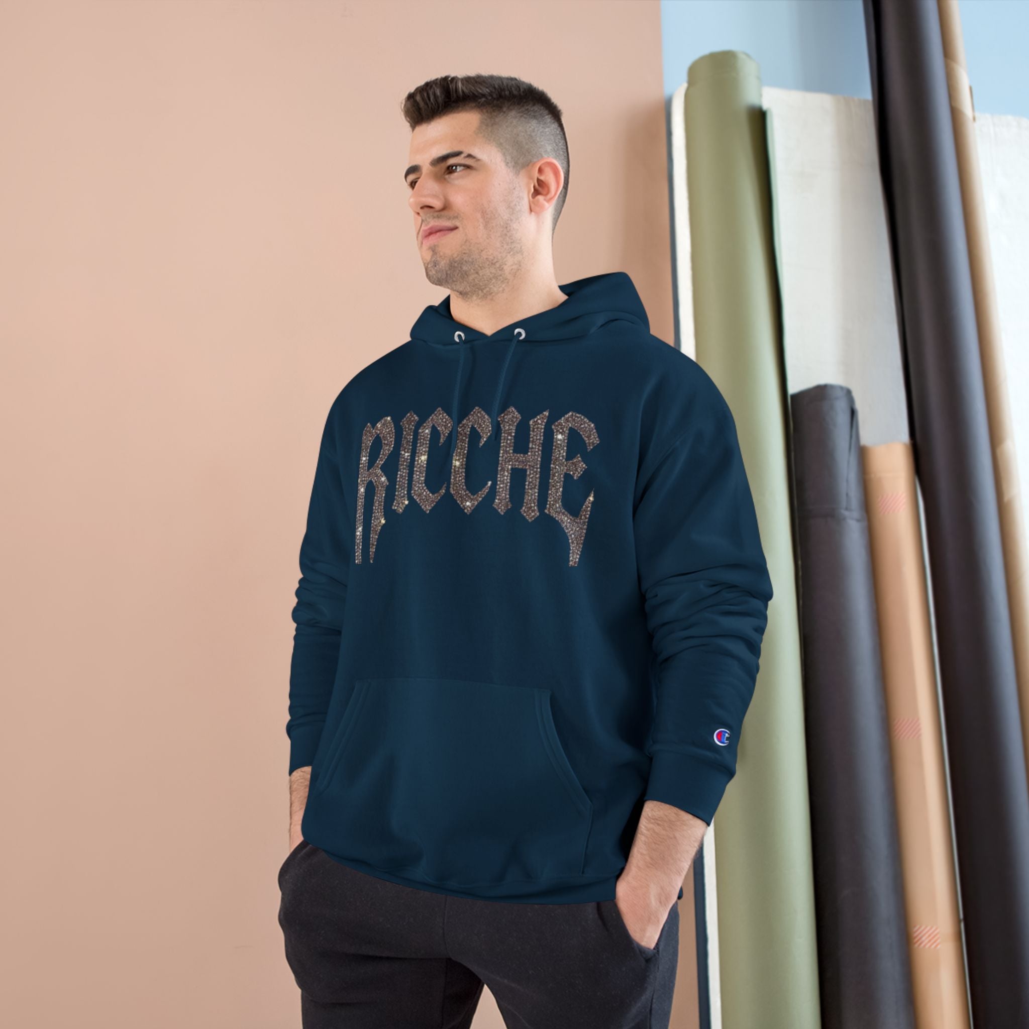 Ricche Gothic Hoodie — White Champion Logo Pullover