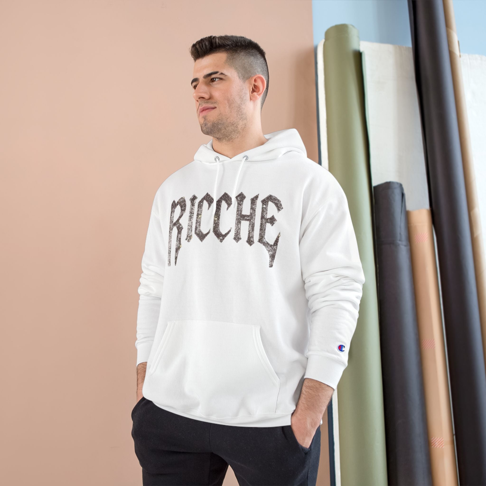 Ricche Gothic Hoodie — White Champion Logo Pullover